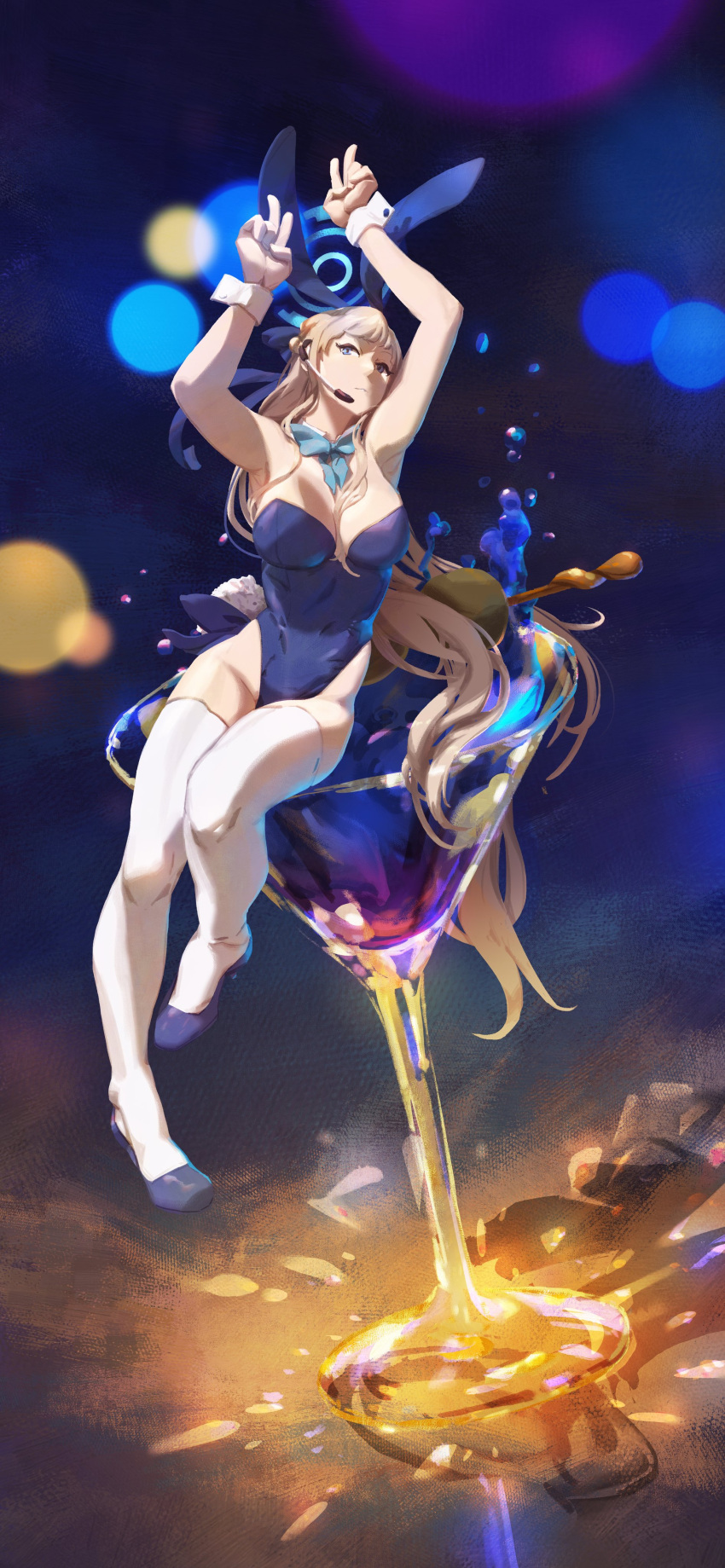 1girl absurdres armpits arms_up bare_shoulders blonde_hair blue_archive blue_bow blue_bowtie blue_eyes blue_leotard blurry bokeh bow bowtie breasts cleavage cocktail_glass commission cup depth_of_field detached_collar drinking_glass english_horn full_body groin headset high_heels highres leotard long_hair looking_at_another looking_at_viewer medium_breasts rabbit_tail solo tail thighhighs thighs toki_(blue_archive) toki_(bunny)_(blue_archive) very_long_hair white_thighhighs wrist_cuffs ye_fan