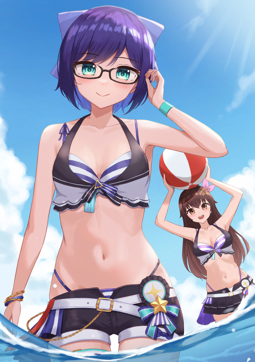 2girls :d a-chan_(hololive) absurdres arms_up ball beachball belt bikini bikini_shorts blue_sky bow bracelet breasts brown_eyes brown_hair closed_mouth cloud day green_eyes hair_bow hair_ornament highres holding holding_ball holding_beachball hololive hololive_summer_2023_swimsuit jewelry long_hair looking_at_viewer medium_breasts multiple_girls navel open_mouth outdoors purple_hair short_hair shorts sky small_breasts smile stomach swimsuit tokino_sora typho virtual_youtuber wading water white_belt wristband