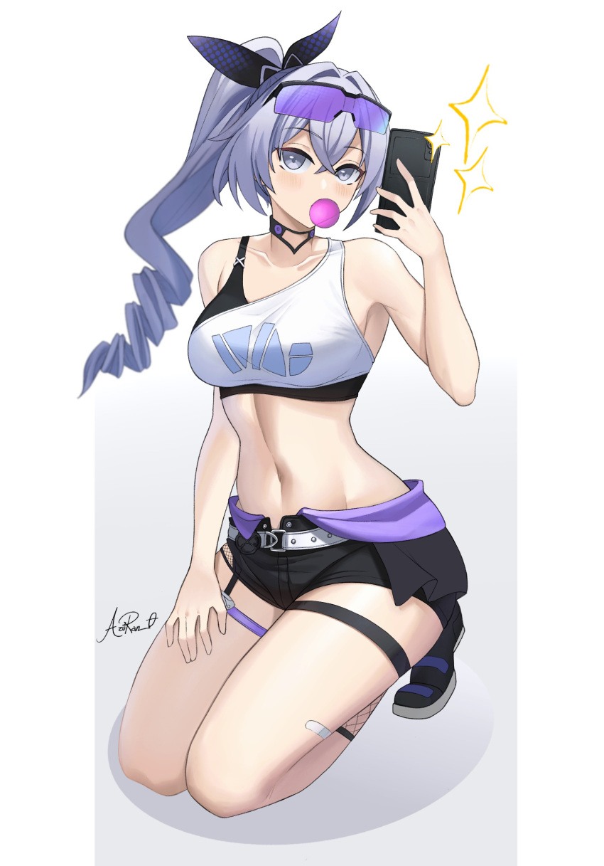 1girl aori_sora bare_arms bare_shoulders black_bra black_footwear black_shorts bra breasts bubble_blowing cellphone choker commentary crop_top drill_hair gradient_background grey_background grey_eyes grey_hair hand_up highres holding holding_phone honkai:_star_rail honkai_(series) large_breasts long_hair looking_at_viewer midriff navel phone ponytail seiza shirt shoes short_shorts shorts silver_wolf_(honkai:_star_rail) single-shoulder_shirt sitting smartphone solo stomach thigh_strap thighs underwear white_background white_shirt