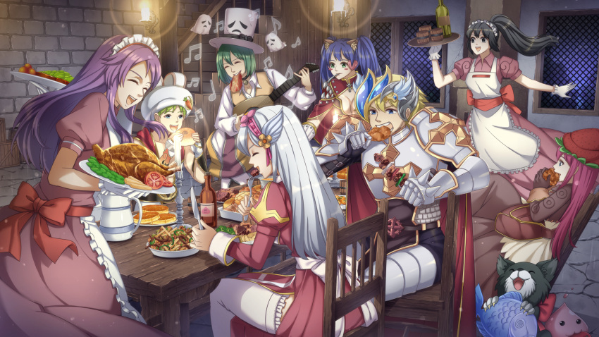 3boys 5girls animal_ears apron armor back_bow black_cat black_eyes black_hair blonde_hair blossom_(ragnarok_online) blue_eyes blue_hair bottle bow bread breastplate breasts brick_wall brown_bag brown_dress brown_gloves brown_vest candle cape cat cat_ears chainmail chair champion_(ragnarok_online) chicken_leg cleavage closed_eyes closed_mouth clown_(ragnarok_online) collared_shirt creator_(ragnarok_online) cross cup dress eating feathered_wings feet_out_of_frame fish food fork french_fries frilled_apron frilled_thighhighs frills gauntlets ghost ghostring gloves green_hair grey_hair grey_wings head_wings high_ponytail high_priest_(ragnarok_online) highres holding holding_fork holding_instrument holding_knife holding_plate indoors instrument juliet_sleeves kafra_uniform knife leg_armor lens_flare lettuce long_hair long_sleeves looking_at_another lord_knight_(ragnarok_online) lyre maid maid_headdress meat medium_bangs medium_breasts melon_bread merchant_(ragnarok_online) mug multiple_boys multiple_girls musical_note open_mouth pancake pauldrons pavianne_(ragnarok_online) pink_hair plate poring puffy_short_sleeves puffy_sleeves purple_hair ragnarok_online red_bow red_cape red_dress red_sash riabels sash shirt short_bangs short_hair short_sleeves shoulder_armor sitting slime_(creature) small_breasts smile spiked_gauntlets standing stone_floor strawberry_hat tabard table thighhighs tomato tomato_slice turkey_(food) twintails two-tone_dress vest white_apron white_bow white_gloves white_sash white_shirt white_thighhighs wildrose window wine_bottle wings wooden_chair wooden_table