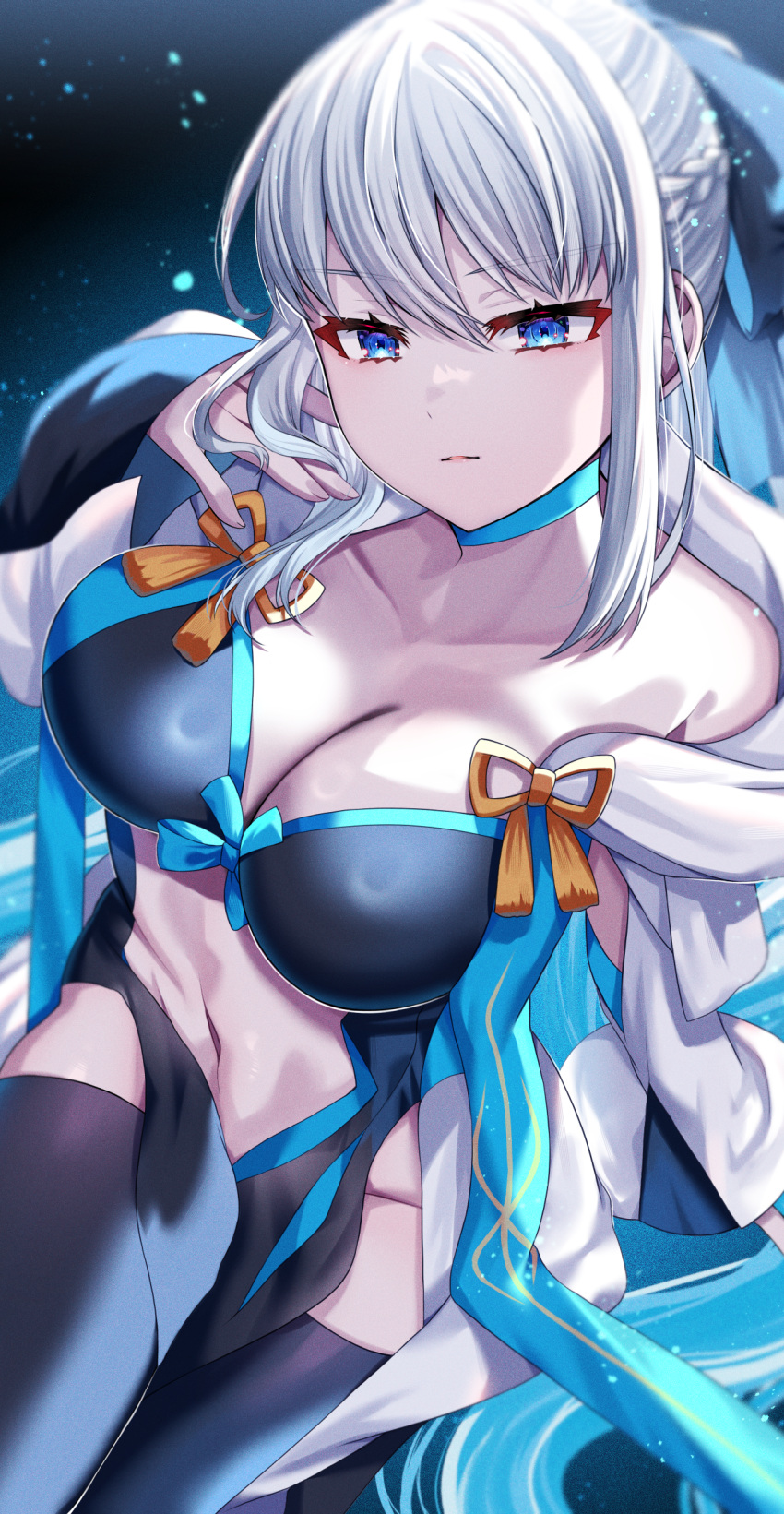 1girl absurdres akirannu black_bow black_dress black_thighhighs blue_eyes bow braid breasts center_opening choker cleavage collarbone dress fate/grand_order fate_(series) french_braid grey_hair hair_bow highres large_breasts long_hair long_sleeves looking_at_viewer morgan_le_fay_(fate) navel pelvic_curtain ponytail sidelocks solo thighhighs thighs two-tone_dress very_long_hair white_dress wide_sleeves