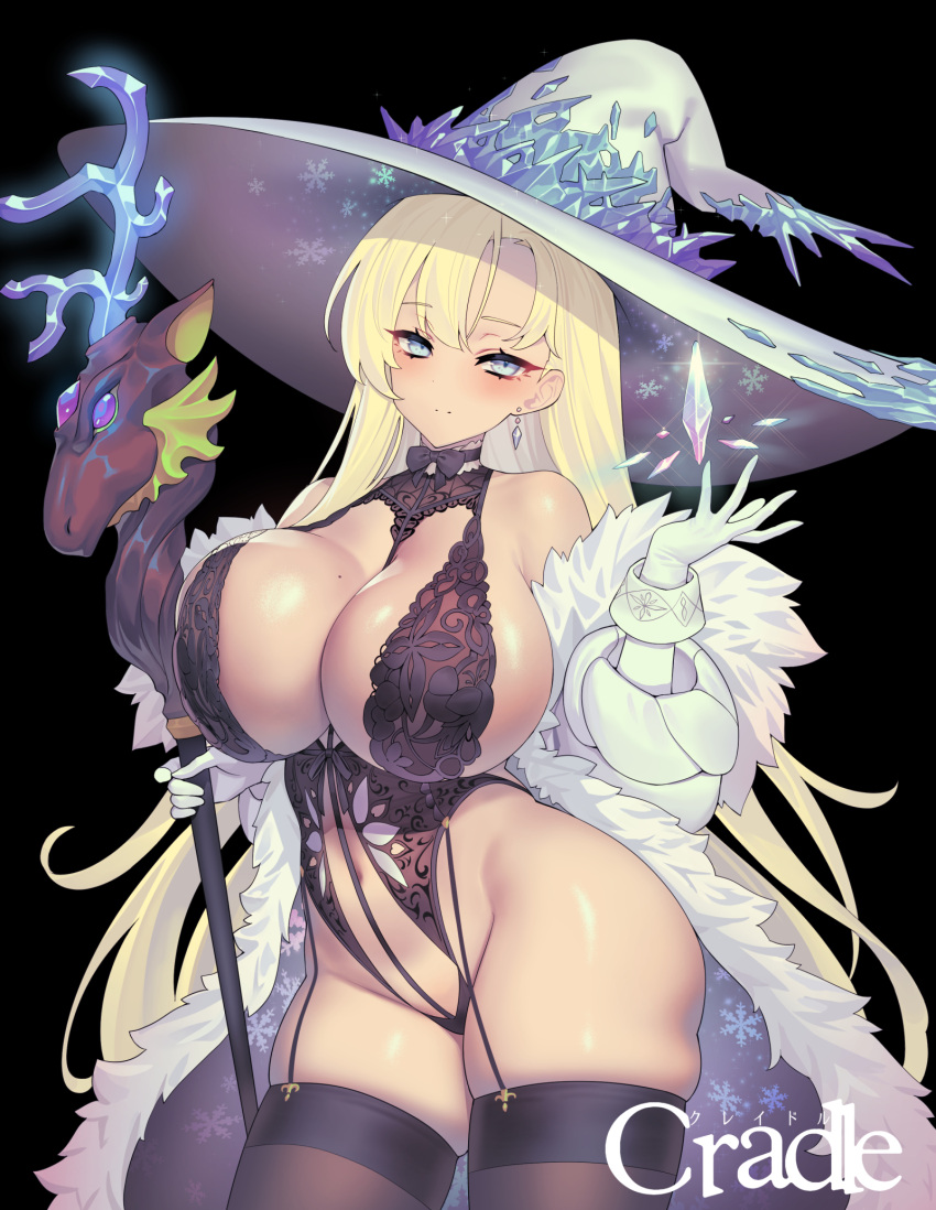 1girl black_background black_thighhighs blonde_hair blue_eyes blush breasts character_request closed_mouth commentary_request copyright_request earrings elbow_gloves gloves hand_up hat highres holding holding_staff huge_breasts jewelry large_hat mole mole_on_breast navel revealing_clothes sideboob simple_background smile solo staff suerte thighhighs thighs white_gloves witch_hat