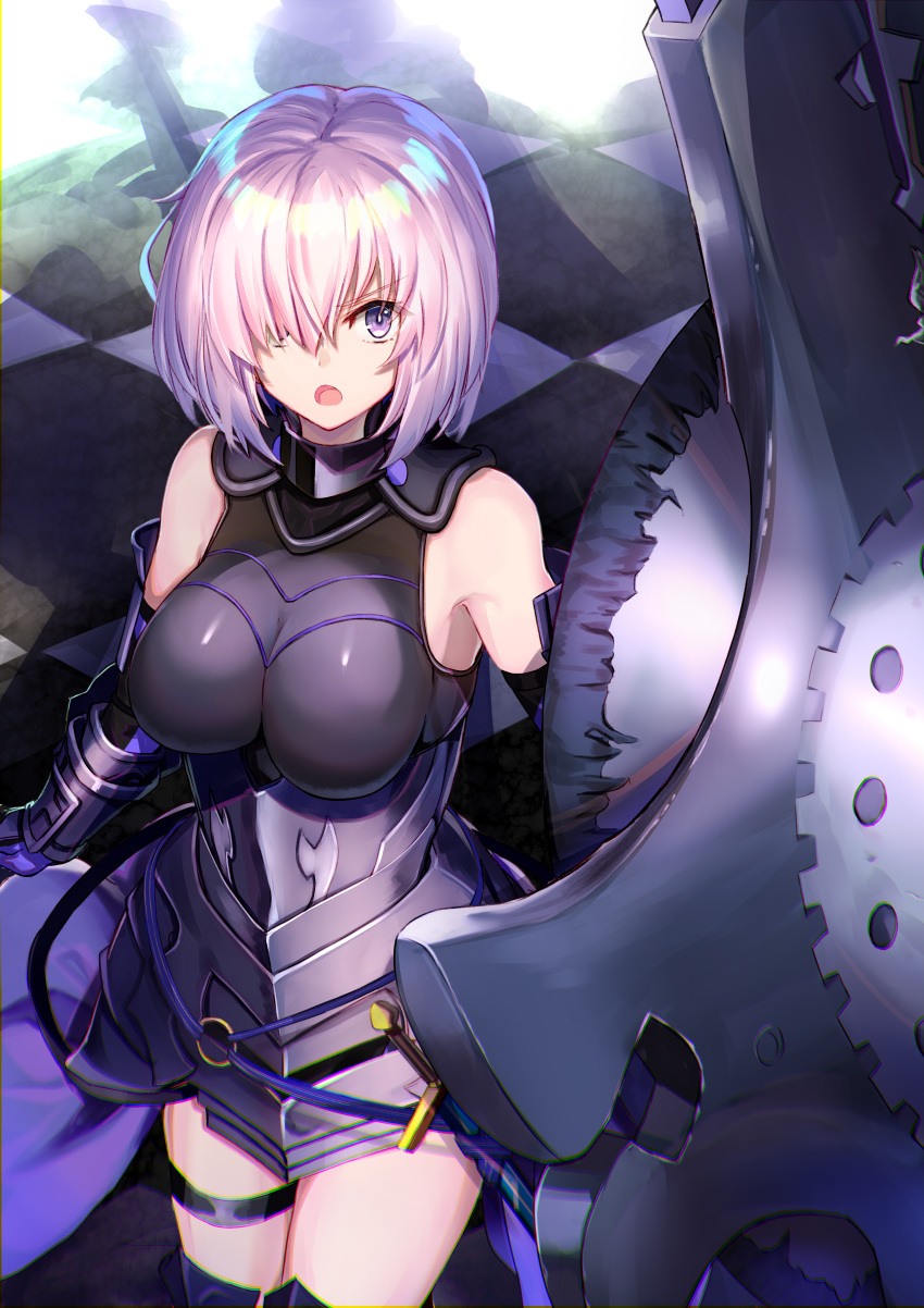 1girl :o absurdres arm_guards armored_leotard bare_shoulders black_leotard black_thighhighs breasts commentary_request elbow_gloves fate/grand_order fate_(series) gloves hair_over_one_eye highres holding holding_shield large_breasts leotard lord_camelot_(fate) mash_kyrielight ninoude_(ninoude44) open_mouth pink_hair pov purple_eyes sheath sheathed shield short_hair solo sword thigh_strap thighhighs v-shaped_eyebrows vambraces weapon