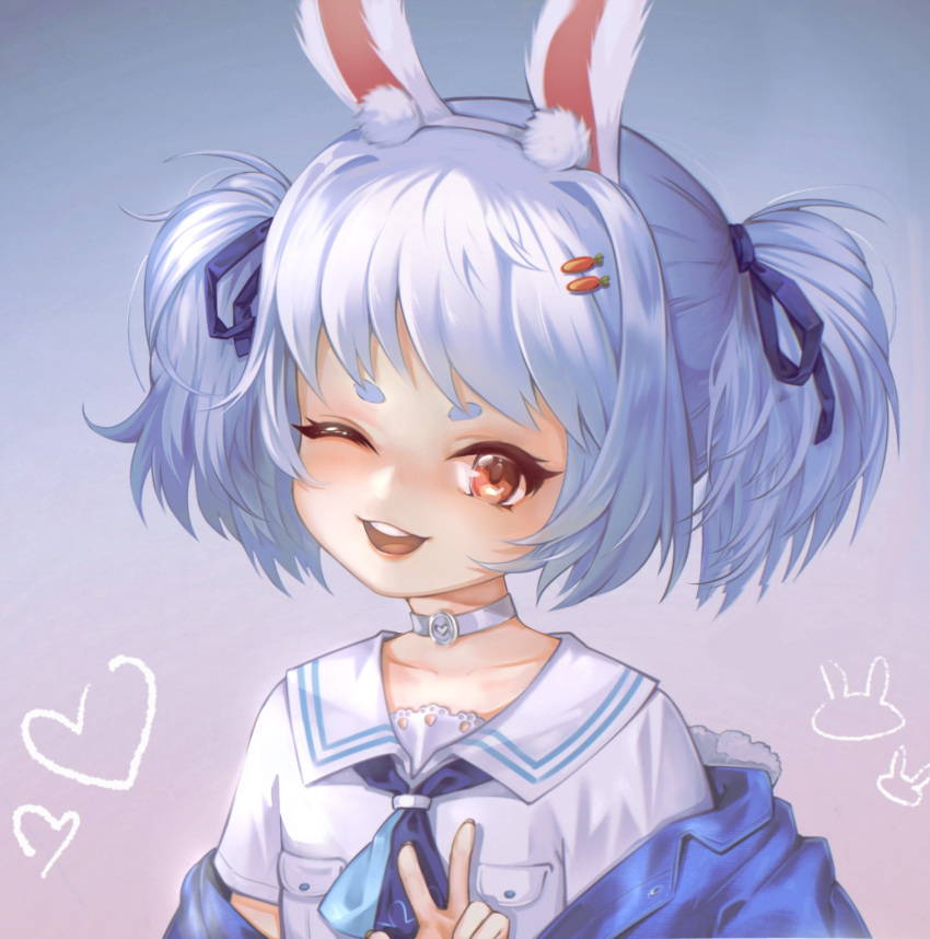 accessory asian_clothing blue_hair blush bow_ribbon choker clothed clothing east_asian_clothing female gesture hair hair_accessory hi_res hololive humanoid jacket japanese_clothing japanese_school_uniform jewelry lagomorph leporid looking_at_viewer mammal necklace necktie one_eye_closed open_mouth pigtails rabbit rabbit_ears school_uniform serafuku simple_background smile solo teeth topwear uniform usada_pekora v_sign vtuber weedymeadowfawn wink