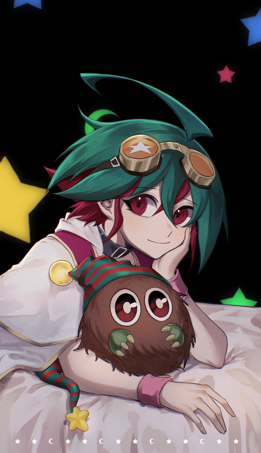 absurdres duel_monster dyed_bangs elbow_rest goggles goggles_on_head green_hair green_pants highres kuriboh looking_at_viewer lying male_focus multicolored_hair on_stomach orange_shirt pants performapal_kuribohble red_hair sakaki_yuuya shirt smile starry_background two-tone_hair upper_body wudu_c yu-gi-oh! yu-gi-oh!_arc-v