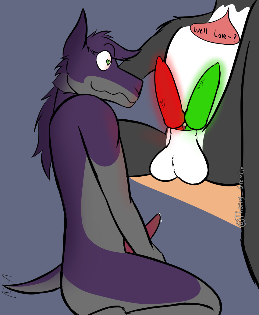 &lt;3 &lt;3_eyes 2_penises absurd_res animal_genitalia animal_penis anthro balls bodily_fluids canid canine canine_genitalia canis chimera dewy_(afterdarkdewy) dialogue duo erection fur genital_fluids genitals glowing glowing_genitalia glowing_penis green_eyes grey_body hemipenes hi_res knot leaking leaking_precum male male/male mammal multi_genitalia multi_penis penis precum presenting purple_body purple_fur size_difference speech_bubble thorny_gremlin vita white_body white_fur wolf