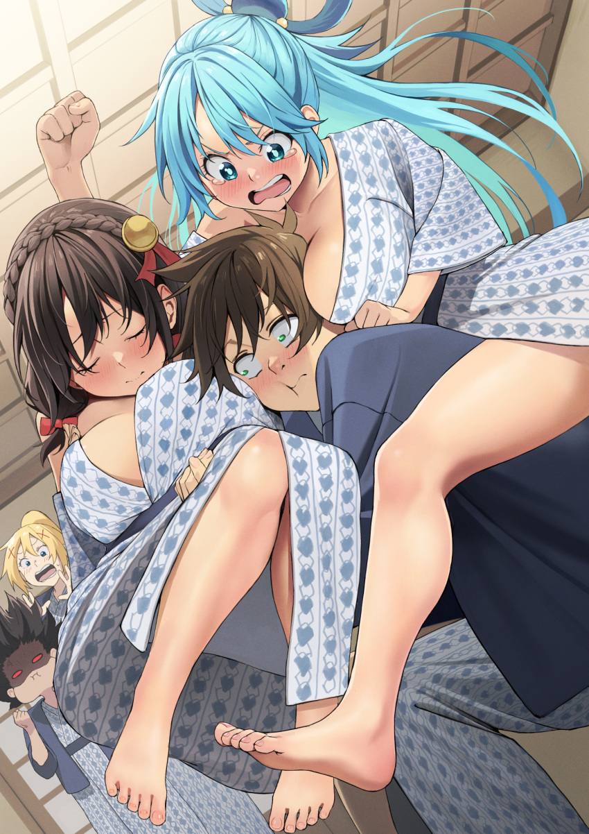 1boy 4girls :i :t anger_vein angry aqua_(konosuba) aqua_hair bare_legs barefoot bath_yukata blonde_hair braid breast_rest breasts breasts_on_head brown_hair carrying cleavage clenched_hands collarbone colored_sclera darkness_(konosuba) floating_hair hair_ribbon hetero highres indoors izawa_(bhive003) japanese_clothes kimono kono_subarashii_sekai_ni_shukufuku_wo! large_breasts long_hair looking_at_another megumin multiple_girls naked_kimono no_pupils o_o patterned_clothing piggyback princess_carry red_sclera ribbon satou_kazuma shaded_face tears toes very_long_hair wide-eyed yukata yunyun_(konosuba)