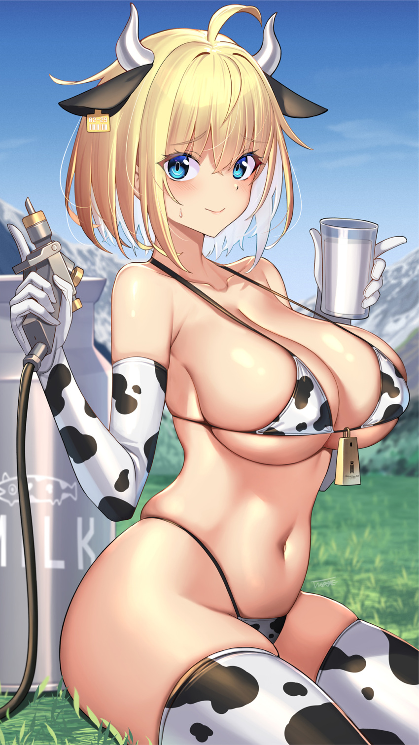 1girl ahoge animal_ears animal_print blonde_hair blue_eyes blue_sky breasts cow_ears cow_horns cow_print cup day ear_tag elbow_gloves gloves grass highres holding holding_cup horns large_breasts milk navel original outdoors short_hair sitting skindentation sky solo sophia_f_shirring stomach strap_gap swimsuit takamine_nadare thighhighs