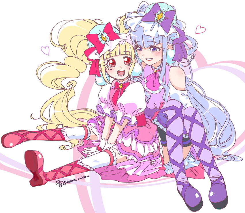 2girls aisaki_emiru blonde_hair blunt_bangs blush boots bow commentary_request cure_amour cure_macherie earrings gloves hair_bow highres hugtto!_precure jewelry long_hair magical_girl meme_rururu multiple_girls open_mouth pom_pom_(clothes) pom_pom_earrings precure purple_bow purple_eyes purple_hair red_eyes ruru_amour sitting smile twintails very_long_hair white_gloves