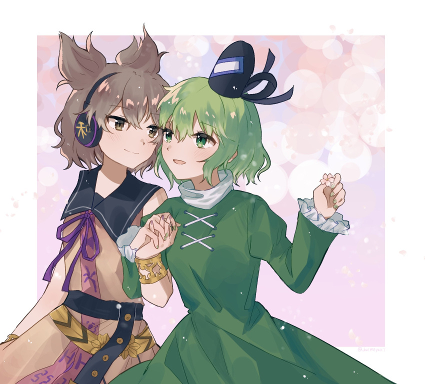 2girls bangs blush bracelet brown_eyes cowboy_shot dress earmuffs green_dress green_eyes green_hair hair_between_eyes hat highres holding_hands interlocked_fingers jewelry kalmeyaki multiple_girls neck_ribbon pink_background pointy_hair purple_ribbon ribbon shirt short_hair sleeveless sleeveless_shirt soga_no_tojiko tate_eboshi touhou toyosatomimi_no_miko