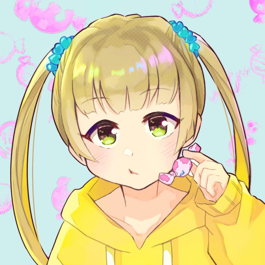 1girl blonde_hair blush candy commentary_request food green_eyes hair_ornament hair_scrunchie highres holding holding_candy holding_food hood hoodie idolmaster idolmaster_cinderella_girls koichi_makoto long_hair looking_at_viewer pout scrunchie solo twintails yellow_hoodie yokoyama_chika