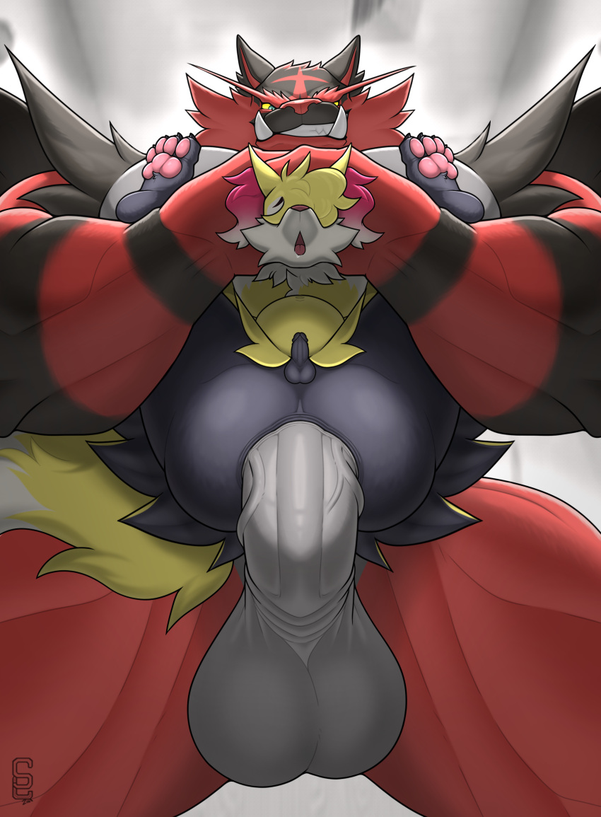3:4 abdominal_bulge absurd_res anal anal_penetration anthro anus balls big_balls big_dom_small_sub big_muscles big_penis black_balls black_body black_fur black_penis braixen butt canid canine detailed_background digital_media_(artwork) dominant duo erection felid full_nelson full_nelson_(legs_held) full_nelson_position fur generation_6_pokemon generation_7_pokemon genitals girly grey_(dgbraixen) grey_balls grey_penis head_grab hi_res huge_muscles huge_penetration humanoid_genitalia humanoid_penis incineroar inner_ear_fluff inside looking_pleasured low-angle_view male male/male male_penetrated male_penetrating male_penetrating_male mammal micropenis muscular muscular_anthro muscular_male nintendo nude open_mouth pawpads penetration penile penile_penetration penis penis_in_ass pink_nose pink_pawpads pokemon pokemon_(species) red_body red_fur ridiculous_fit sex size_difference small_balls small_penis smaller_penetrated smile smirk solard0gg0 stretched_anus tongue tongue_out tuft watermark worm's-eye_view yellow_body yellow_fur