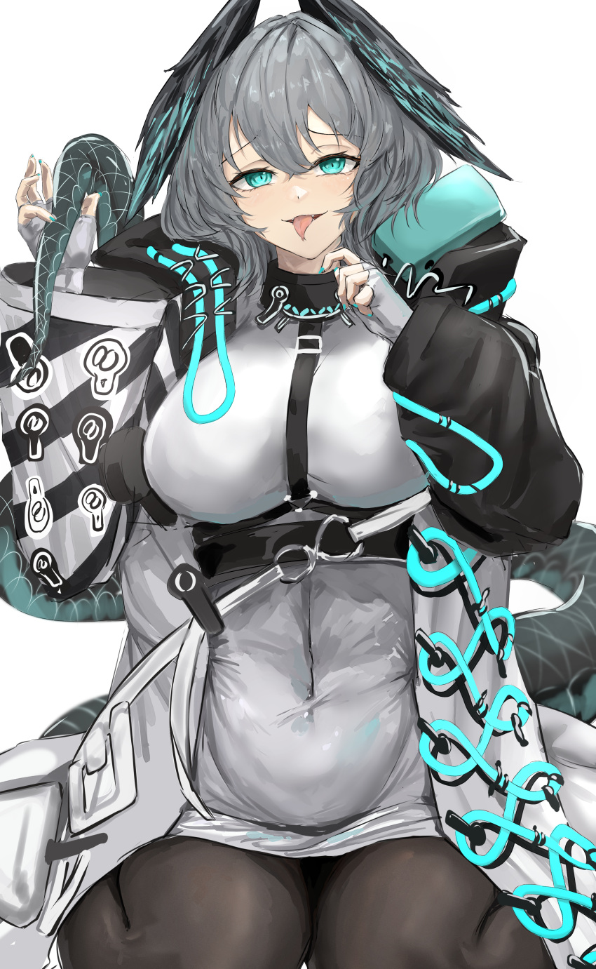 1girl absurdres aqua_nails arknights black_pantyhose blue_eyes breasts dress fangs fingerless_gloves gloves grey_hair hair_between_eyes hands_up head_wings highres ho'olheyak_(arknights) holding_own_tail large_breasts long_sleeves looking_at_viewer medium_breasts nail_polish open_mouth pantyhose putcho simple_background sitting snake_tail solo tail tongue tongue_out wariza white_background white_dress white_gloves wings