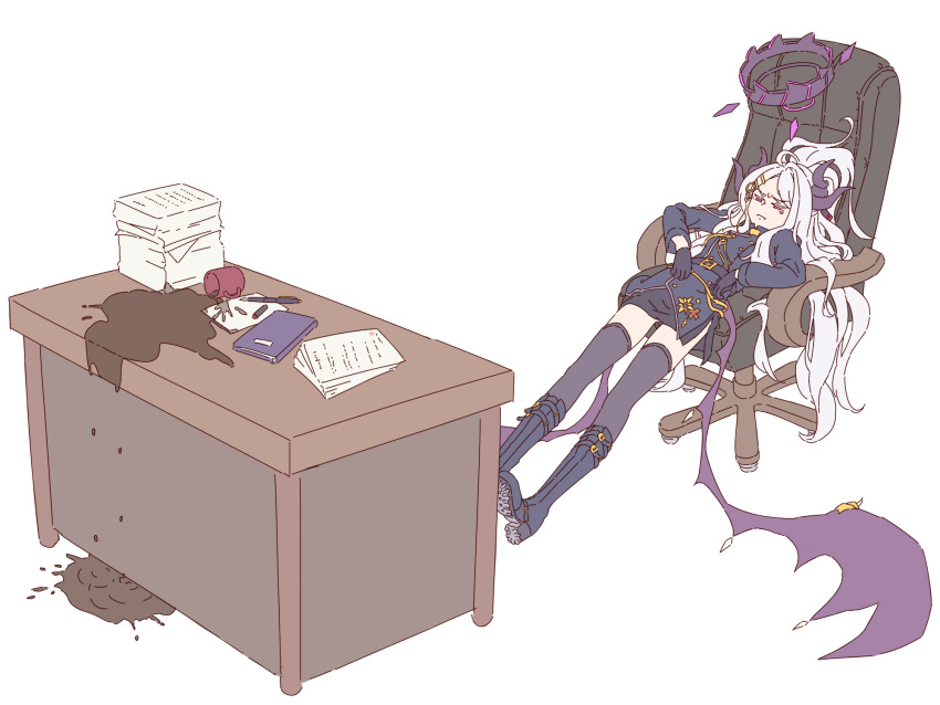 1girl accident ahoge aiguillette armband black_gloves blue_archive breasts buttons coffee coffee_mug cross cup demon_girl demon_horns demon_wings desk double-breasted gloves hair_ornament hairclip halo highres hina_(blue_archive) horns iron_cross long_coat long_hair mikeco military_uniform miniskirt mug multiple_horns parted_bangs purple_eyes sidelocks simple_background skirt small_breasts solo spill uniform very_long_hair white_hair wings zettai_ryouiki