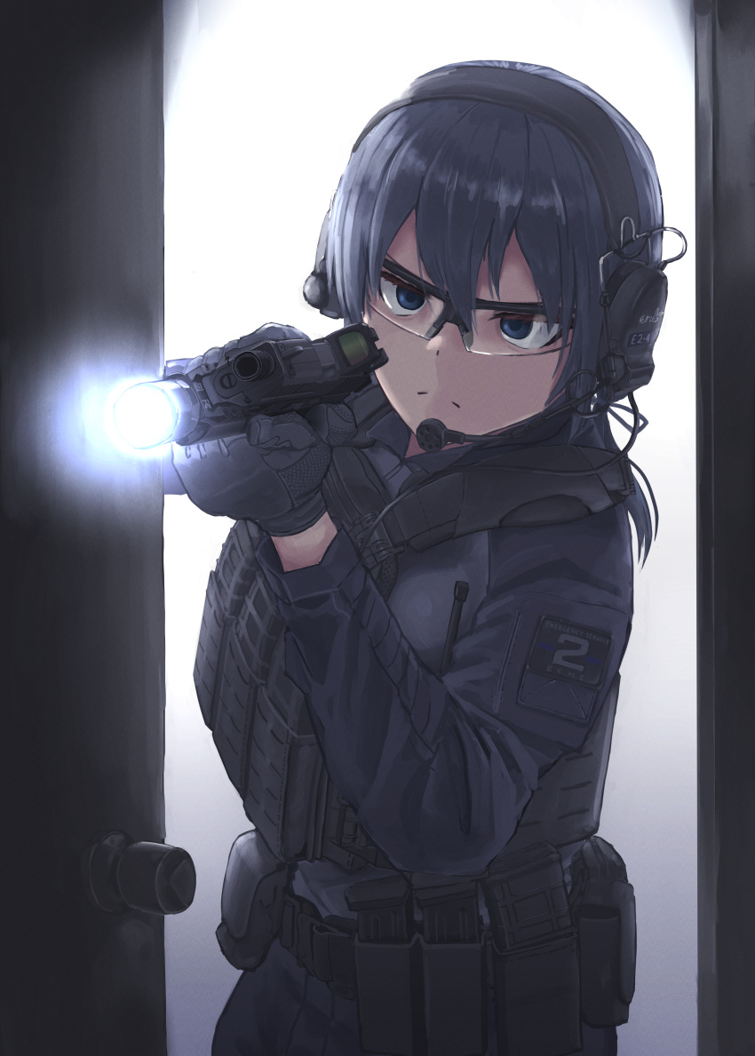 1girl absurdres black_eyes black_hair black_jacket black_pants black_vest closed_mouth d-sawa613 door glaring glasses gun h&amp;k_vp9 handgun headphones heckler_&amp;_koch highres holding holding_gun holding_weapon holster jacket load_bearing_vest magazine_(weapon) medium_hair microphone open_door original pants police solo tactical_clothes vest weapon