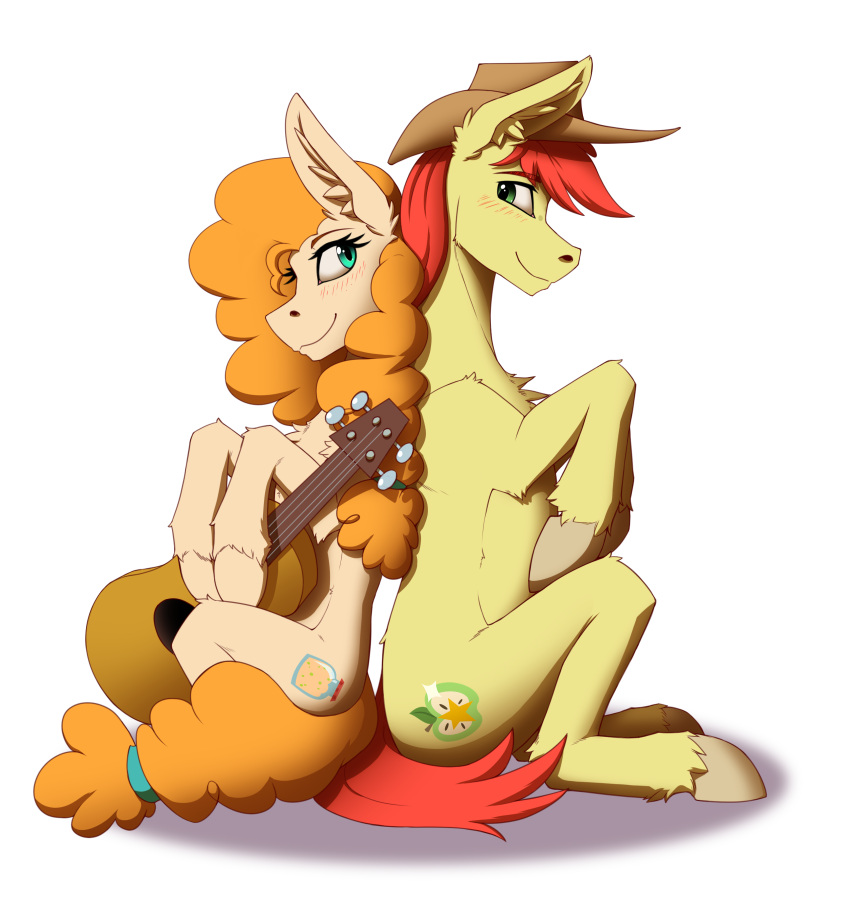 absurd_res blue_eyes blush bright_mac_(mlp) clothing cowboy_hat cutie_mark duo earth_pony equid equine female friendship_is_magic fur green_eyes guitar hair hasbro hat headgear headwear hi_res hooves horse male mammal musical_instrument my_little_pony orange_hair pear_butter_(mlp) plucked_string_instrument pony red_hair simple_background sitting string_instrument twotail813 white_background yellow_body yellow_fur