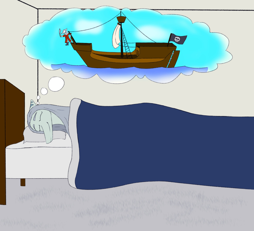 2023 absurd_res anthro bed bedroom dated detailed_background digital_drawing_(artwork) digital_media_(artwork) dinosaur dream fang_(gvh) female furniture goodbye_volcano_high grey_body grey_scales hair hi_res inside long_hair lying melee_weapon on_side pirate pterodactylus pterosaur reptile scales scalie sea ship signature silver_hair sleeping smile snoot_game snout solo sword thought_bubble under_covers vehicle water watercraft weapon yellingbox