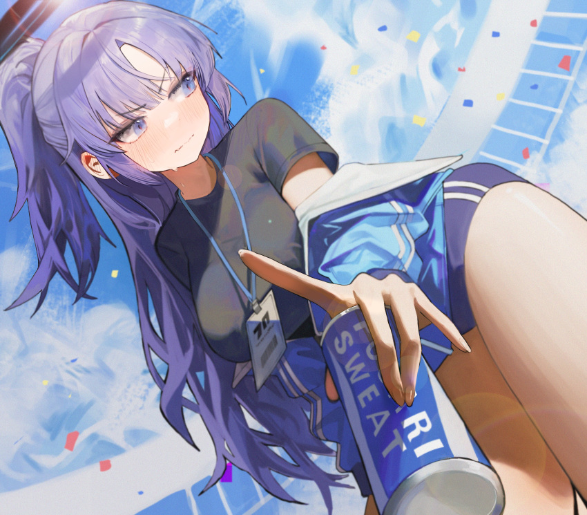 1girl absurdres black_shirt blue_archive blue_buruma blush breasts buruma confetti drink embarrassed gym_uniform halo highres id_card jacket jacket_partially_removed lanyard long_hair medium_breasts open_clothes open_jacket pocari_sweat ponytail purple_eyes purple_hair renn_0z shirt solo sweat sweatdrop thighs track_jacket yuuka_(blue_archive) yuuka_(track)_(blue_archive)