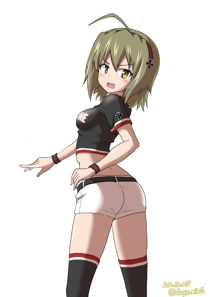 1girl absurdres belt black_belt black_shirt black_thighhighs cheerleader clothes_writing cropped_shirt dated drops_mint geshiko_(girls_und_panzer) girls_und_panzer green_hair highres kuromorimine_cheerleader_uniform long_hair looking_at_viewer micro_shorts midriff navel open_mouth print_shirt shirt short_shorts short_sleeves shorts simple_background solo t-shirt thighhighs twitter_username white_background white_shorts wristband yellow_eyes