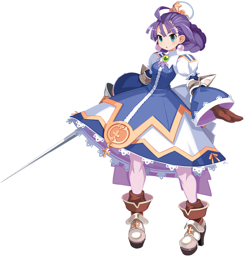 1girl :o ahoge aqua_eyes armored_boots back_bow boots bow brooch brown_gloves disgaea disgaea_rpg dress earrings eclair_(la_pucelle) full_body gloves hat high_heels highres jewelry long_hair long_sleeves non-web_source official_art photoshop_(medium) pink_thighhighs puffy_long_sleeves puffy_sleeves purple_hair solo standing sword thighhighs transparent_background updo weapon wide_sleeves