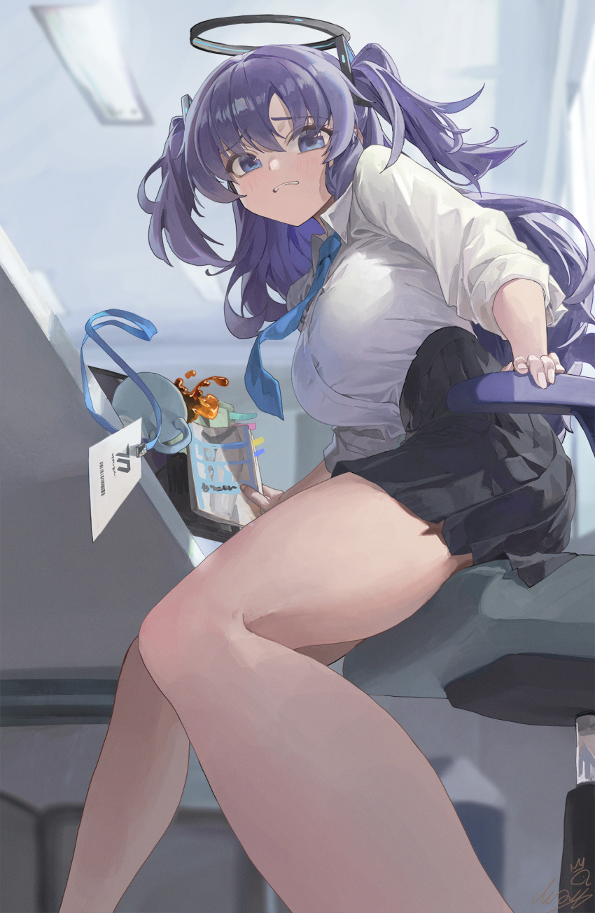 1girl bare_legs black_skirt blue_archive blue_necktie breasts feet_out_of_frame halo highres indoors lanyard large_breasts m.q_(mqkyrie) miniskirt necktie pleated_skirt purple_eyes purple_hair shirt shirt_tucked_in skirt solo spill two_side_up white_shirt yuuka_(blue_archive)