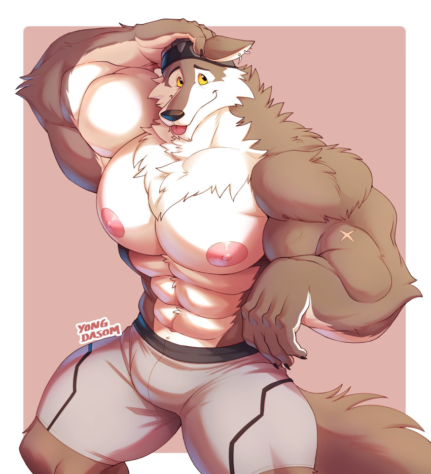 2023 abs anthro barazoku biceps big_muscles biped blep bottomwear brown_body brown_fur bulge canid canine canis clothed clothing digital_media_(artwork) ear_piercing epic_games eyebrows fortnite fur furgonomic_headwear furgonomics hat headgear headwear hi_res male mammal muscular muscular_anthro muscular_male muscular_thighs navel orange_sclera pecs piercing quads scar shorts smile solo tan_body tan_fur thick_thighs tongue tongue_out topless vein veiny_muscles wendell_(fortnite) wolf yongdasom