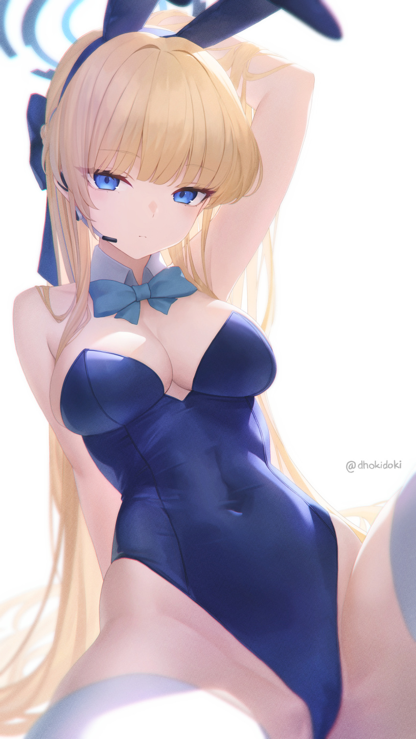 1girl absurdres animal_ears blonde_hair blue_archive blue_bow blue_bowtie blue_eyes blue_leotard bow bowtie breasts closed_mouth detached_collar dhokidoki fake_animal_ears highres leotard long_hair medium_breasts official_alternate_costume rabbit_ears simple_background solo thighhighs toki_(blue_archive) toki_(bunny)_(blue_archive) twitter_username white_background white_thighhighs