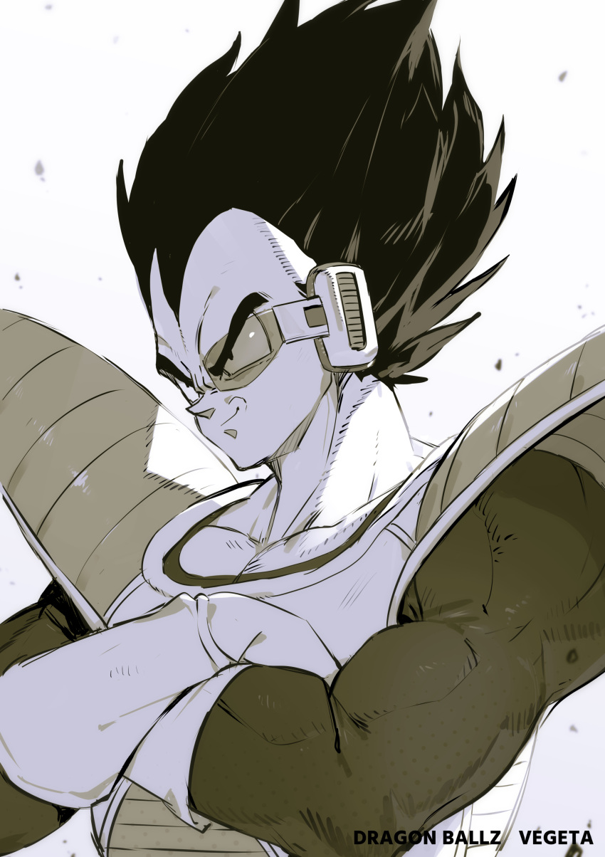 1boy absurdres character_name closed_mouth collarbone commentary_request copyright_name crossed_arms dragon_ball dragon_ball_z gloves gradient_background grey_background greyscale highres male_focus monochrome saiyan_armor scouter short_hair smile solo toridamono vegeta