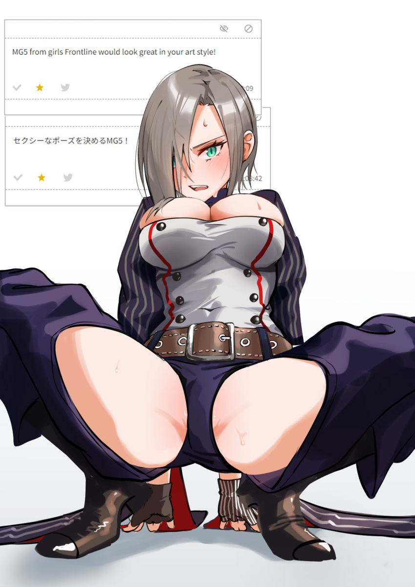 1girl belt belt_buckle blush breasts brown_belt buckle cleavage commentary_request crotch_focus english_text ert_raitsui fingerless_gloves girls'_frontline gloves green_eyes grey_hair hair_over_one_eye highres large_breasts leather_belt long_sleeves m_legs mg5_(girls'_frontline) open_mouth shoes short_hair solo striped_sleeves