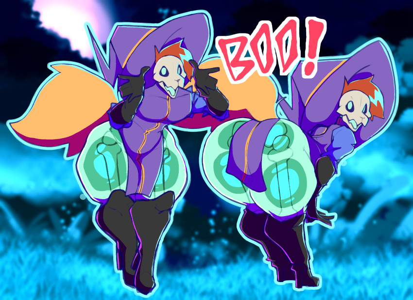 2023 ambiguous_gender anthro bent_over big_butt blue_eyes blue_tongue bone boots braixen butt clothing detailed_background digital_media_(artwork) english_text footwear generation_6_pokemon gloves green_body hair handwear hat headgear headwear hi_res high_heeled_boots high_heels knee_highs legwear looking_at_viewer lucas_(pokebraix) multiple_images nintendo no_pupils open_mouth open_smile orange_hair pokebraix pokemon pokemon_(species) robe skull skull_head smile solo standing tail text thick_thighs three-quarter_view tongue translucent translucent_body undead wide_hips wizard_hat