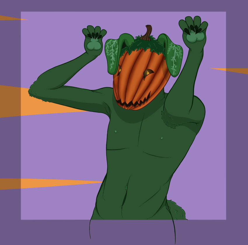 2023 4_fingers absurd_res anthro cel_shading clawed_fingers claws claws_out digital_media_(artwork) elemental_creature elemental_humanoid fingers flora_fauna food food_creature food_humanoid fruit fruit_humanoid green_body green_hair hair half-length_portrait hi_res humanoid jack-o'-lantern leaf leaf_ears living_fruit male muscular muscular_anthro muscular_male not_furry orange_head phoxst pinup plant plant_humanoid plant_monster portrait pose pseudo_hair pumpkin pumpkin_head shaded simple_background simple_shading smile smiling_at_viewer solo tail yellow_eyes