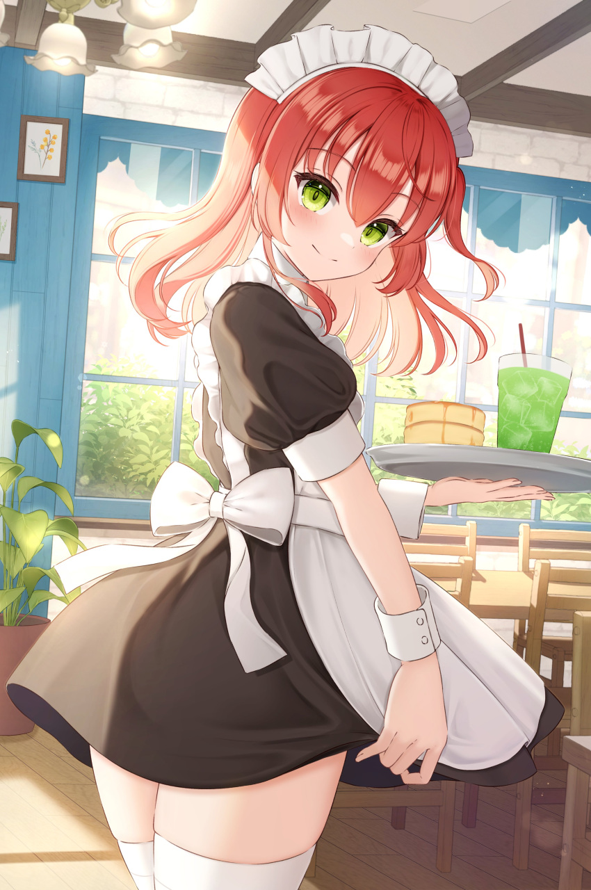 1girl absurdres apron black_dress blush bocchi_the_rock! closed_mouth commentary_request cup dress drinking_glass drinking_straw food green_eyes highres holding holding_tray ice ice_cube indoors kita_ikuyo long_hair looking_at_viewer looking_to_the_side maid maid_apron maid_headdress short_dress short_sleeves sidelocks smile solo thighhighs tray white_thighhighs white_wrist_cuffs wrist_cuffs yukiunag1