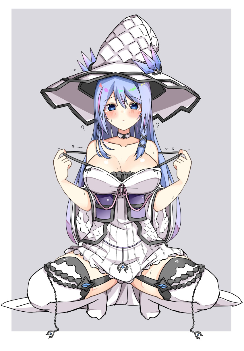 1girl ? blue_eyes blue_hair blush breasts choker cleavage dress duel_monster garter_straps grey_background hat highres japanese_clothes large_breasts long_hair raion_(inoueraion) rilliona_(yu-gi-oh!) rilliona_the_magistus_of_verre squatting strap_pull thighhighs white_dress white_thighhighs wide_sleeves witch_hat yu-gi-oh!
