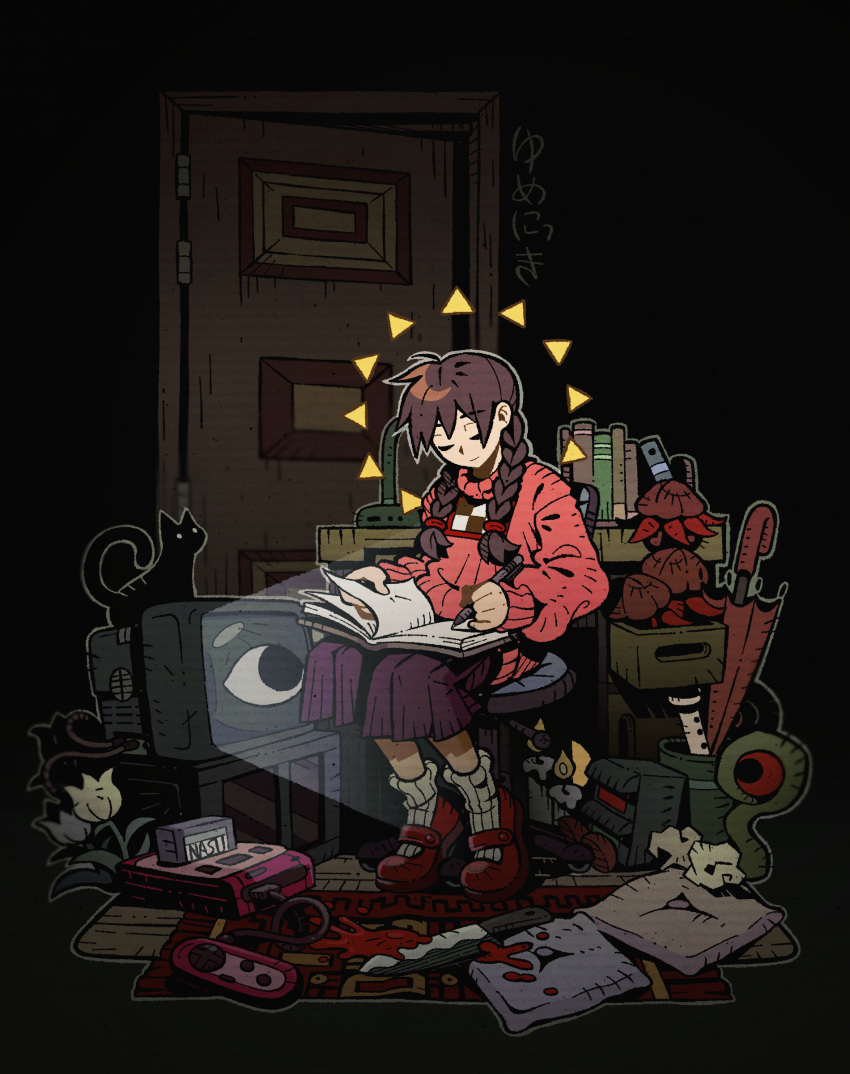 1girl 9twoeight absurdres braid closed_eyes closed_mouth extra_eyes flower highres holding holding_pen madotsuki nasu_(yume_nikki) notebook pen pink_shirt pink_sweater red_umbrella shirt smile solo sweater television twin_braids umbrella white_flower writing yume_nikki