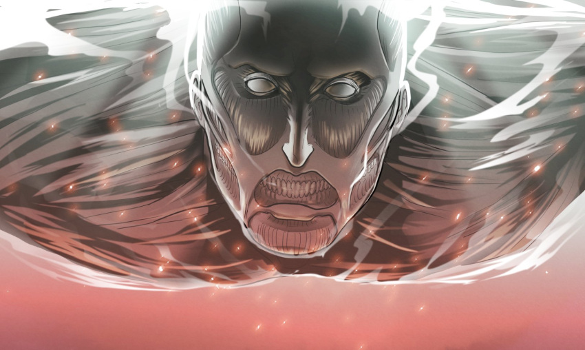 1boy bertolt_hoover blank_eyes butanezumi-chan colossal_titan derivative_work embers exposed_muscle facing_viewer falling highres male_focus monster screencap_redraw shingeki_no_kyojin smoke solo spoilers titan_(shingeki_no_kyojin) upper_body