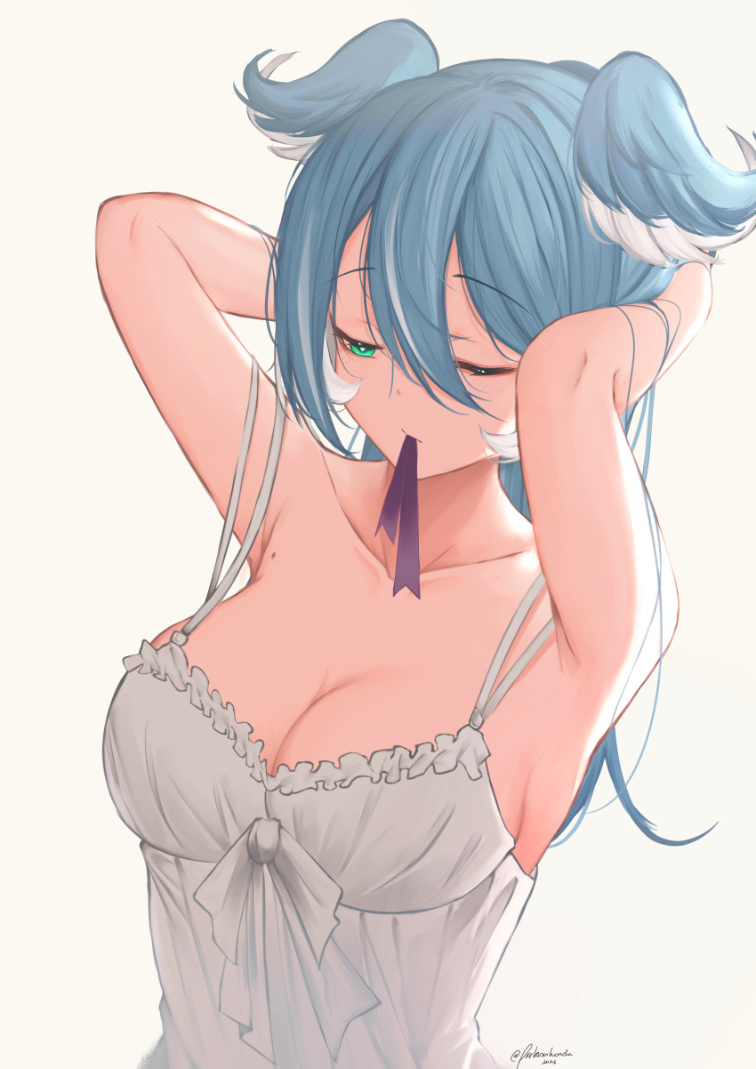 1girl absurdres armpits arms_behind_head blue_hair bow breasts camisole collarbone elira_pendora frilled_camisole frills gradient_hair green_eyes hair_over_one_eye head_wings highres large_breasts long_hair mole mouth_hold multicolored_hair nijisanji one_eye_closed one_eye_covered parkiranhonda purple_ribbon ribbon simple_background solo virtual_youtuber white_background white_bow white_camisole white_hair wings