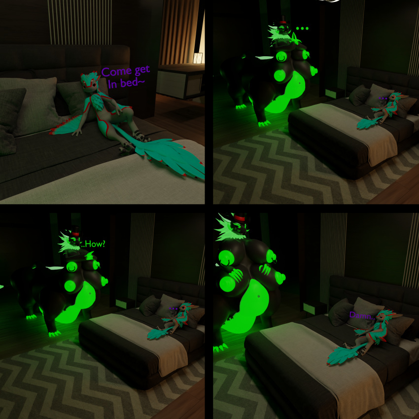 2023 3_fingers 3d_(artwork) 4_breasts 4_ears 4_fingers 4_legs 4_panel_comic 4_toes absurd_res anthro avali avian bedroom bedroom_eyes big_breasts bioluminescence biped black_body black_breasts black_eyes black_fur black_legs black_sclera black_scutes blue_body blue_feathers blue_tail blue_tail_feathers blue_wings breasts chest_tuft claws clothing comic da'vali dialogue digital_media_(artwork) dim_lighting duo english_text exornan extreme_size_difference eyebrows feather_tuft feathered_wings feathers featureless_crotch feet female fingers fur glowing glowing_belly glowing_nipples glowing_udder green_body green_claws green_eyebrows green_eyelashes green_eyes green_fur green_glow green_hair green_markings green_nipples green_text grey_bed grey_body grey_feathers grey_pillow hair hand_on_bed hand_on_own_breast hand_resting_between_breasts hands_together hat hat_only headgear headgear_only headwear headwear_only hi_res huge_belly huge_breasts inviting_another inviting_character inviting_other inviting_to_bed lamp larger_female larger_female_smaller_male lying male markings mostly_nude multi_breast multi_ear narrowed_eyes neck_tuft nipples nude on_back pillow purple_text quadruped red_body red_feathers red_sclera retro_(character) retrozone_(artist) scuted_feet scutes seductive size_difference smaller_male standing suggestive_pose suggestive_posing tail taur teats text toes top_hat top_hat_only tuft udders wickerbeast wickerbeast_taur winged_arms wings