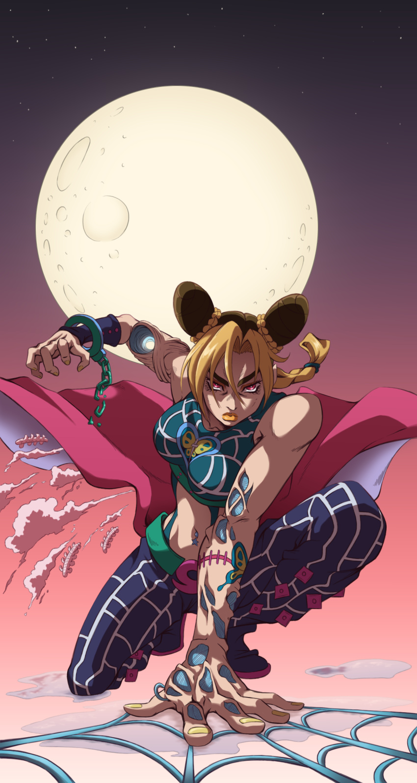 1girl absurdres black_hair blonde_hair butterfly_tattoo cape cloud cone_hair_bun cuffs determined double_bun full_moon green_nails hair_bun handcuffs highres jojo_no_kimyou_na_bouken kristallion kujo_jolyne moon multicolored_hair navel_piercing night night_sky on_one_knee piercing puddle red_cape red_eyes silk sky skyfish_(cryptid) solo spider_web spider_web_print stone_ocean string superhero_landing tattoo two-tone_hair unraveling