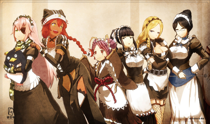 1boy 6+girls :o absurdres animal_hug antennae apron arthropod_girl artist_name bird black_bow black_bowtie black_choker black_collar black_dress black_eyes black_gloves black_hair black_headwear black_sleeves blonde_hair blue_choker blue_eyes blunt_bangs bow bowtie braid breasts brown_kimono camouflage camouflage_gloves camouflage_headwear camouflage_scarf carrying carrying_person choker cleavage closed_mouth collar commentary_request cz2128_delta dark-skinned_female dark_skin detached_sleeves digital_camouflage double_bun dress drill_hair eclair_ecleir_eicler elbow_gloves empty_eyes entoma_vasilissa_zeta expressionless extra_pupils eyepatch fangs fishnet_thighhighs fishnets frills garter_straps glasses gloves green_eyes hair_between_eyes hair_bun hair_ribbon hand_on_another's_shoulder hand_on_own_hip hand_to_own_mouth hands_up hat highres holding holding_pointer horizontal_pupils hug japanese_clothes kimono large_breasts long_hair long_sleeves looking_back lupusregina_beta maid maid_headdress monster_girl multiple_girls namako_(namacotan) narberal_gamma open_mouth overlord_(maruyama) parted_lips penguin pink_hair pointer ponytail puffy_long_sleeves puffy_sleeves purple_hair red_eyes red_hair ribbon scarf second-party_source short_hair skin_fangs sleeves_past_wrists smile solution_epsilon standing teeth thick_eyebrows thighhighs tri_drills upper_teeth_only white_apron white_bow white_bowtie white_ribbon white_thighhighs yellow_eyes yuri_alpha