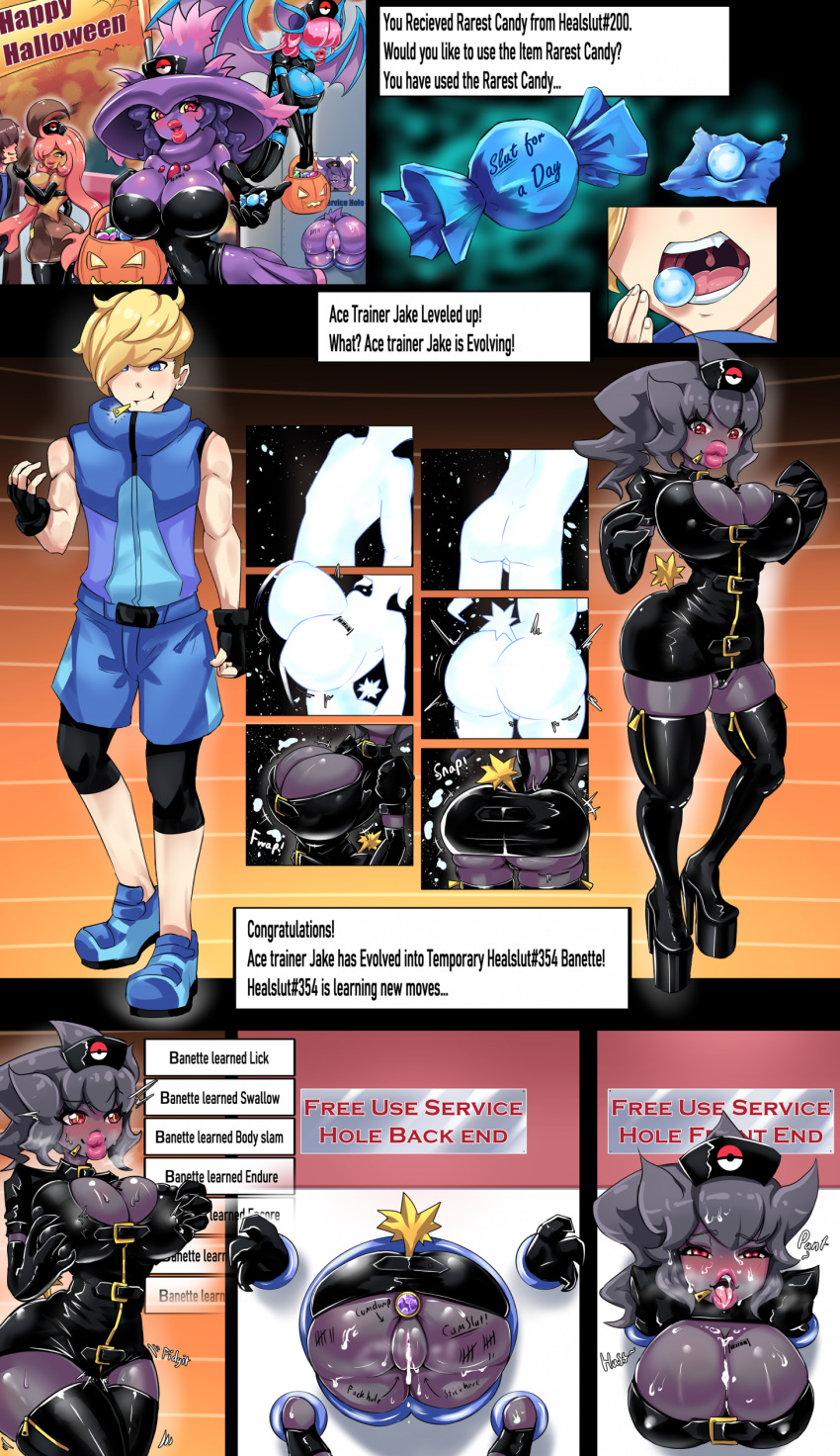 2023 3_fingers absurd_res ace_trainer_(pokemon) anal anal_penetration anthro arms_tied armwear bandeau banette barcode barcode_tattoo big_breasts big_butt bimbo_anthro bimbo_lip bimboaudino bimbofication black_armwear black_bandeau black_choker black_clothing black_dress black_elbow_gloves black_gloves black_handwear black_high_heels black_jewelry black_latex black_legwear black_necklace black_panties black_thigh_boots black_thigh_highs black_topwear black_underwear blonde_hair blue_body blue_bottomwear blue_clothing blue_eyes blue_footwear blue_shoes blue_shorts blue_topwear blue_vest blush bodily_fluids body_writing boots bottomwear bound breast_fondling breast_growth breast_implants breast_play breast_tattoo breasts brown_body brown_hair butt butt_expansion buttplug buttplug_in_ass buttplug_insertion candy choker cleavage cleavage_cutout clothed clothing comic cum cum_between_breasts cum_from_pussy cum_in_hair cum_in_pussy cum_inside cum_on_breasts cum_on_butt cum_on_face curvy_figure dessert dress eating_candy elbow_gloves emanata english_text expansion female fingerless_gloves fingers flying fondling food footwear gender_transformation generation_1_pokemon generation_3_pokemon generation_4_pokemon generation_6_pokemon gengar genital_fluids genitals glistening_rubber gloves gourgeist group growth hair hair_over_eyes halloween hand_on_breast handwear hat headgear headwear healslut healslut_3 hi_res high_heeled_boots high_heels holidays hourglass_figure huge_breasts human human_to_anthro humanoid jack-o'-lantern jewelry latex latex_bandeau latex_clothing latex_dress latex_elbow_gloves latex_thigh_boots latex_thigh_highs leaking_cum legs_tied legwear lip_expansion lips long_hair looking_at_viewer male mammal mismagius motion_lines mtf_transformation multicolored_body necklace nintendo nurse_clothing nurse_hat nurse_headwear object_in_ass open_mouth orange_body orange_hair panties penetration pink_hair platform_footwear platform_heels plug_(sex_toy) plug_insertion pokeball_print pokemon pokemon_(species) pokemon_humanoid pokemorph prostitution public_use purple_body purple_hair pussy rare_candy red_eyes sex_toy sex_toy_in_ass sex_toy_insertion shoes shorts skimpy skindentation species_transformation sweat tally_marks tattoo text thick_lips thick_thighs thigh_boots thigh_highs through_wall topwear transformation two_tone_body underwear vest wide_hips wings zubat