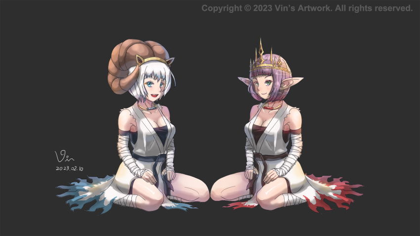 2girls arm_wrap belt black_belt blue_eyes blunt_bangs blush bob_cut breasts brown_horns cleavage closed_mouth commentary crown curled_horns dated english_commentary fake_horns full_body green_eyes grey_background highres horns looking_at_viewer medium_bangs medium_breasts multiple_girls official_alternate_costume open_mouth pointy_ears purple_hair ragnarok_online seiza shirt short_bangs short_hair signature simple_background sitting smile sura_(ragnarok_online) vin_love white_hair white_shirt