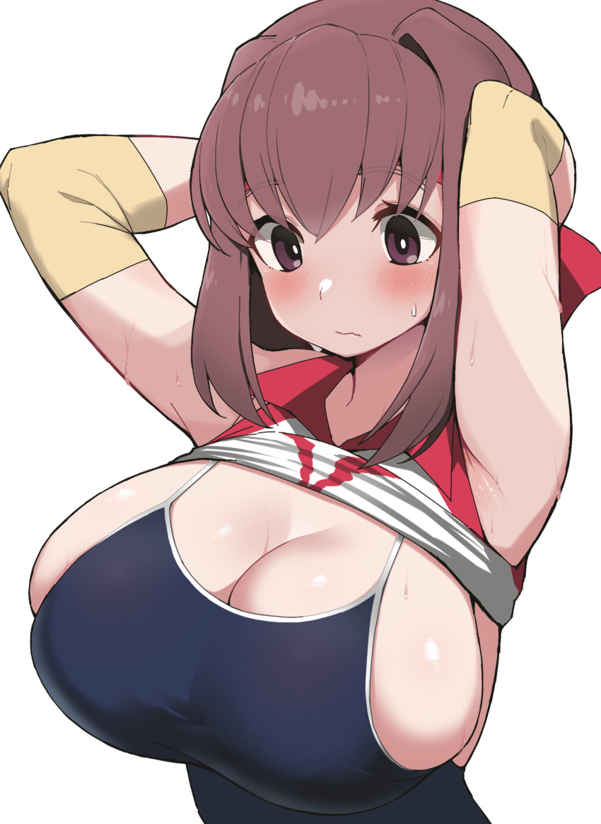 1girl absurdres blush breasts brown_eyes brown_hair clothes_lift elbow_sleeve girls_und_panzer hair_between_eyes headband highres kondou_taeko large_breasts looking_at_breasts medium_hair one-piece_swimsuit red_headband shirt_lift simple_background solo swimsuit undersized_clothes water_drop white_background yabai_gorilla