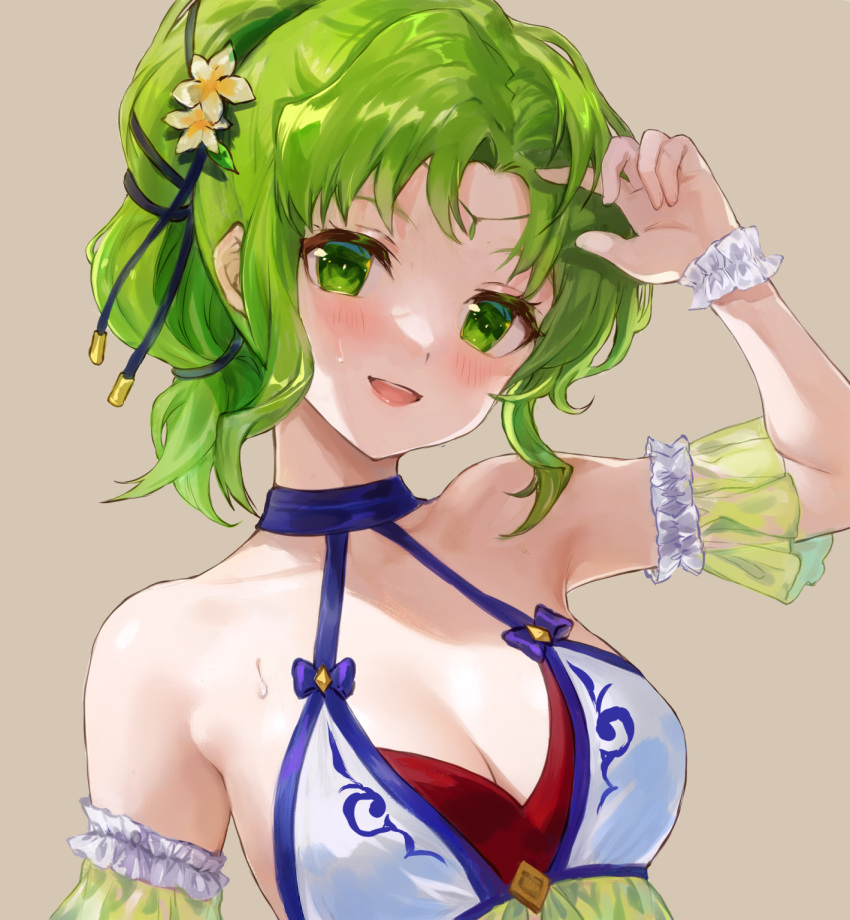 1girl bare_shoulders bikini breasts cleavage collarbone fire_emblem fire_emblem:_the_sacred_stones fire_emblem_heroes flower green_eyes green_hair hair_flower hair_ornament highres jewelry jurge l'arachel_(fire_emblem) l'arachel_(summer)_(fire_emblem) medium_breasts medium_hair official_alternate_costume open_mouth smile solo swimsuit upper_body