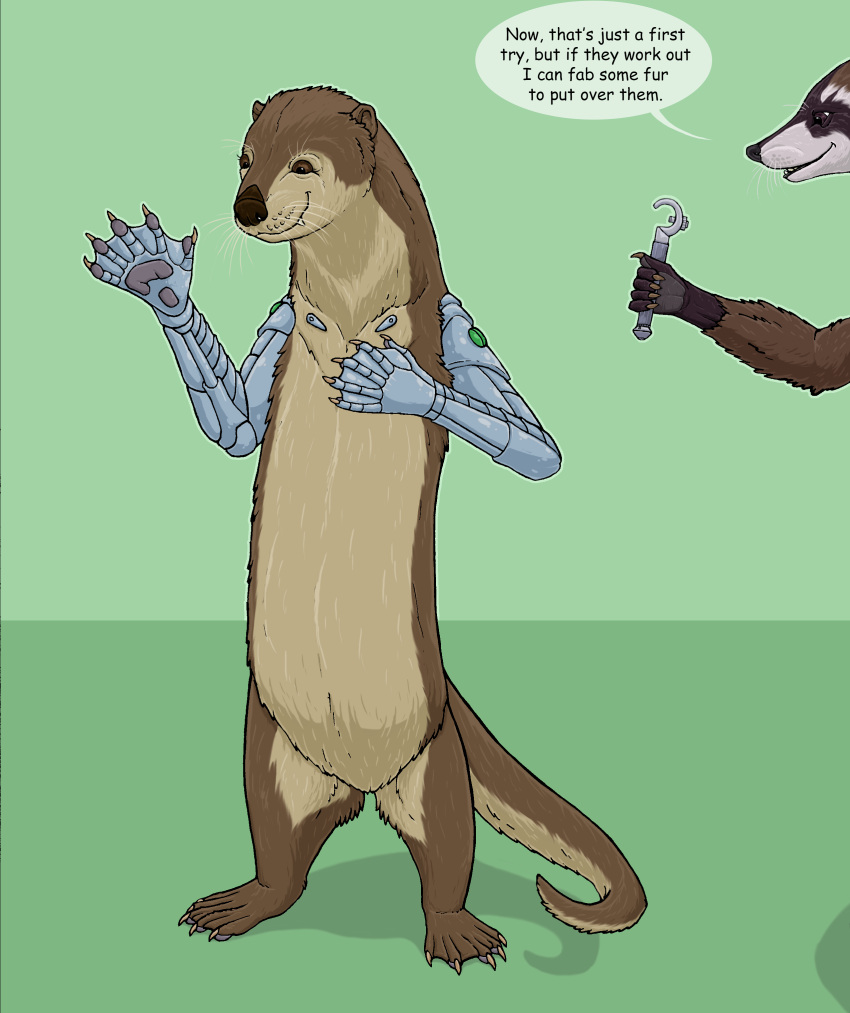 2023 absurd_res ambiguous_gender anthro biped brown_body brown_fur countershade_fur countershading cybernetic_arm cybernetic_limb cybernetics dialogue duo english_text featureless_crotch fur green_background guardians_of_the_galaxy hi_res lylla machine mammal marvel membrane_(anatomy) multicolored_body multicolored_fur mustelid nude otter procyonid prosthetic prosthetic_arm prosthetic_limb raccoon rocket_raccoon simple_background snout speech_bubble strega tail text two_tone_body two_tone_fur webbed_feet webbed_hands whiskers