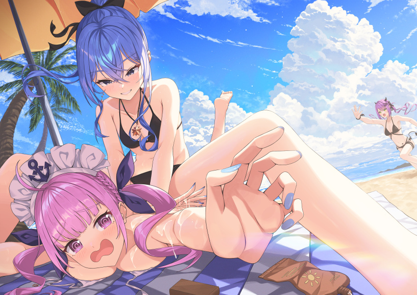 3girls @_@ absurdres applying_sunscreen beach beach_towel beach_umbrella bikini black_bikini blue_eyes blue_hair blue_nails blue_sky breasts cloud day earrings grin highres hololive hoshimachi_suisei jewelry lotion lotion_bottle lying maid_headdress medium_breasts minato_aqua multiple_girls navel necklace on_stomach open_mouth outdoors outstretched_arm palm_tree pink_hair ponytail purple_hair running sitting sitting_on_person sky small_breasts smile startend_(hololive) stomach straddling sunscreen swimsuit tokoyami_towa towel tree twintails umbrella untied untied_bikini yozora_(1wkdgusdn)