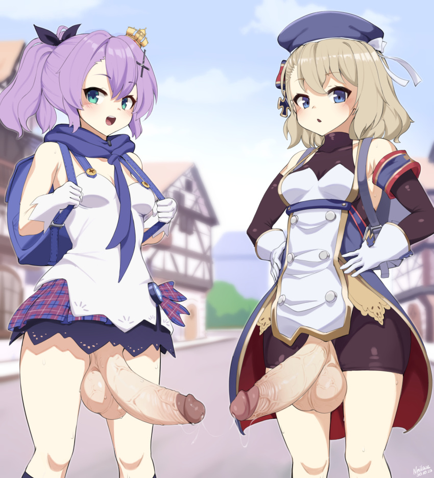 2girls armband azur_lane backpack bag bare_shoulders beret bike_shorts black_shorts blue_eyes blurry blurry_background breasts buttons camisole cross cross_hair_ornament crown double-breasted erection futanari gloves green_eyes hair_ornament hands_on_own_hips hat highres huge_penis huge_testicles iron_cross javelin_(azur_lane) looking_at_viewer mini_crown multiple_girls nnilaee open_mouth outdoors penis plaid plaid_skirt precum precum_string purple_hair shorts skirt small_breasts testicles uncensored veins veiny_penis white_camisole white_gloves z23_(azur_lane)