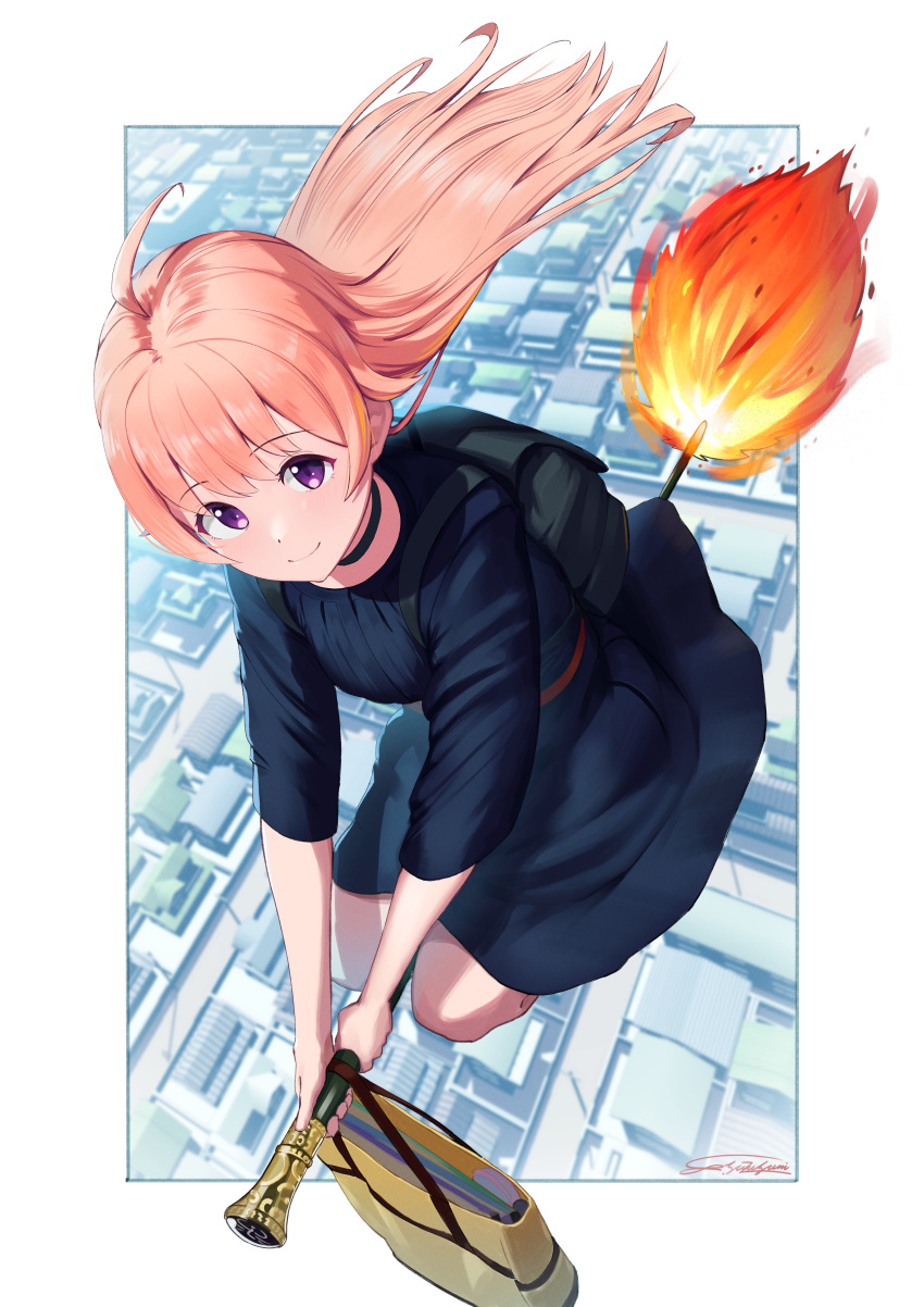 1girl absurdres ahoge artist_name backpack bag black_choker black_dress blurry blurry_background choker dress fire flame handbag highres long_hair pink_hair purple_eyes smile solo staff staff_riding suzu_suzusumi wakatsuki_niko witch witch_watch