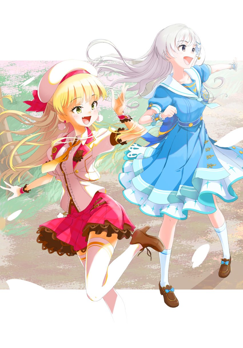 2girls :d absurdres beret blonde_hair blue_bow blue_dress blue_necktie blue_socks bow brown_footwear buttons center_frills chain cropped_jacket dress earrings fang floating_hair footwear_bow frilled_cuffs frilled_sleeves frills green_eyes grey_eyes grey_hair hand_up hat heart highres hisakawa_hayate idolmaster idolmaster_cinderella_girls idolmaster_cinderella_girls_starlight_stage jacket jewelry jougasaki_rika lace-trimmed_skirt lace_trim lapels looking_afar multiple_girls necktie open_clothes open_jacket open_mouth orange_necktie outdoors outstretched_arm pink_skirt pleated_skirt pom_pom_(clothes) pom_pom_earrings sailor_collar shirt short_sleeves skirt smile socks standing standing_on_one_leg thighhighs u4_99384295 white_headwear white_jacket white_shirt white_socks white_thighhighs wing_collar wrist_cuffs