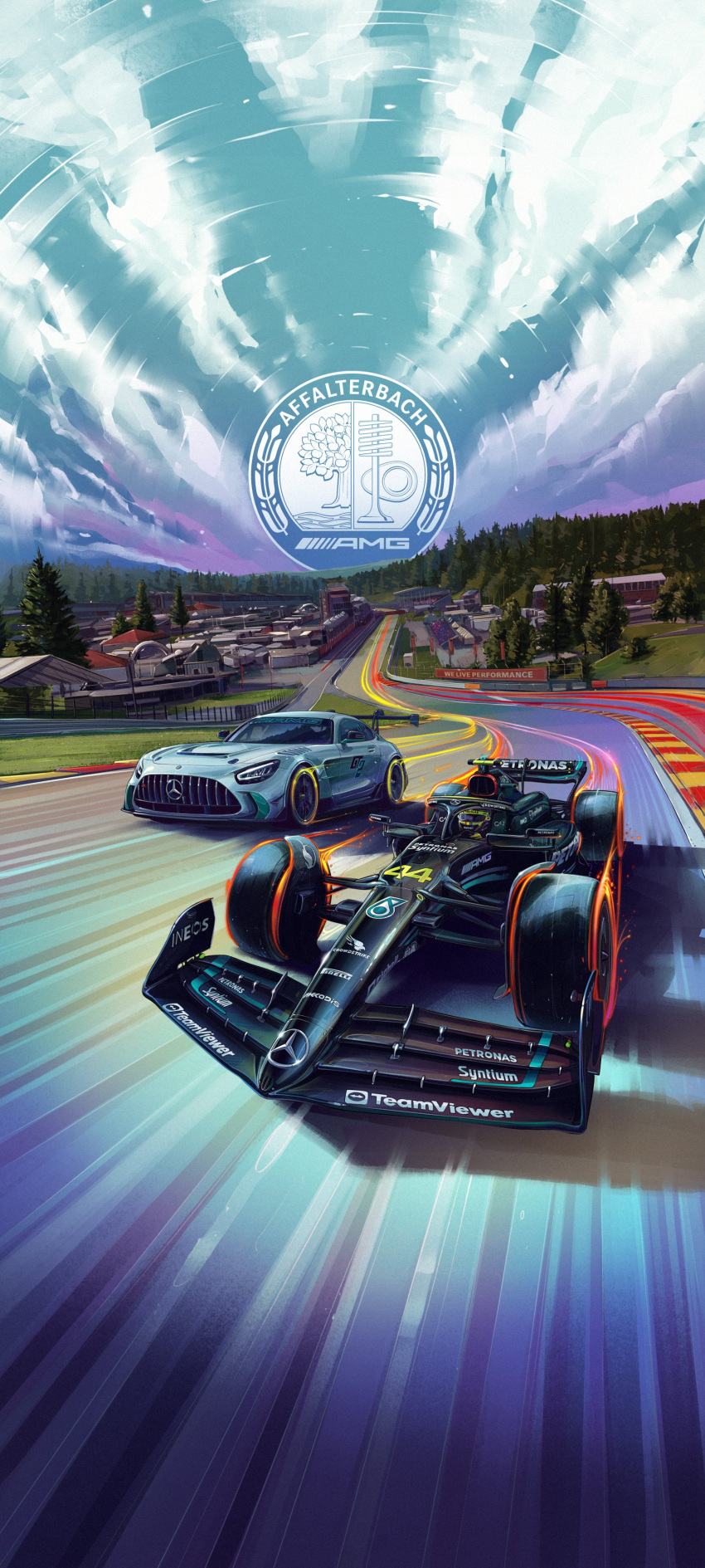 1boy absurdres andrew_mytro car circuit_de_spa-francorchamps cloud english_commentary formula_one helmet highres lewis_hamilton light_trail logo mercedes-benz mercedes-benz_amg_gt motion_blur motor_vehicle official_art promotional_art race_vehicle racecar racetrack real_life real_world_location sky spoiler_(automobile) tree vehicle_focus