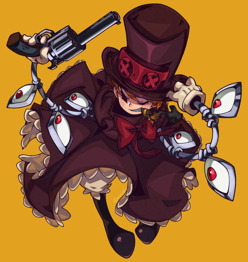 1girl cigar dress extra_eyes eye_socket gloves grin gun hat highres holding holding_gun holding_weapon mechanical_arms orange_hair peacock_(skullgirls) red_eyes revolver sharp_teeth short_hair simple_background skullgirls smile solo teeth top_hat waa153 weapon yellow_background